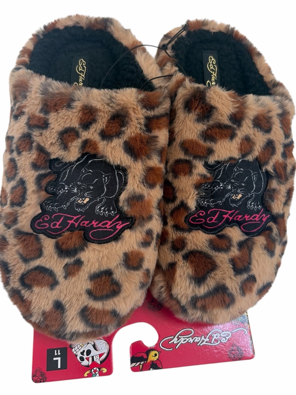 Ed Hardy slippers black panther logo leopard fur size 11 NWT
